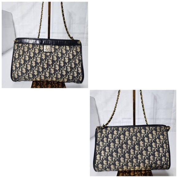 SOLDAuthentic Christian Dior Vintage Trotter Canvas Shoulder Bag Navy Blue/Beige - Picture 9 of 16